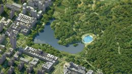 Existing aerial view of the Harlem Meer with Lasker Skating Rink and Swimming Pool [right] - Susan T. Rodriguez Architecture Design