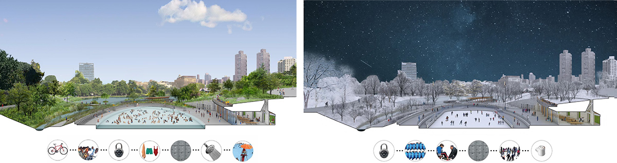 Rendering of proposed alterations to the swimming pool [right] and the ice rink [left]- Susan T. Rodriguez Architecture Design