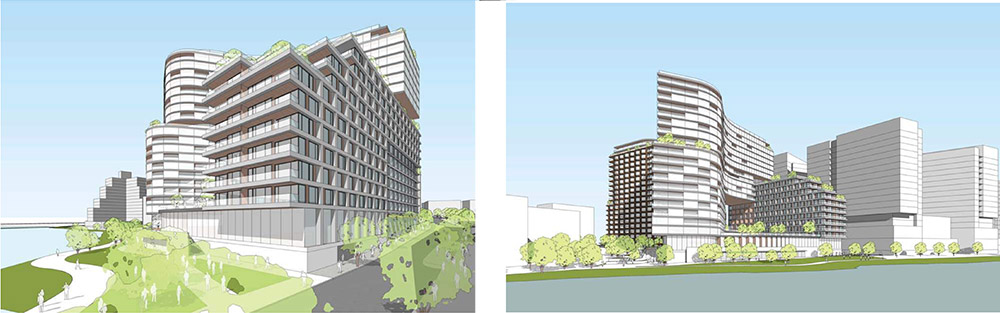 Rendering of buildings at Site 3 - Hill West Architects