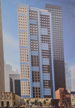 Construction poster at the build site for 150 West 48th Street - McSam Hotel Group / Gene Kaufman Architect