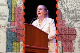 Gale Brewer, image from Manhattan Borough President's Office, and redlining map of Harlem