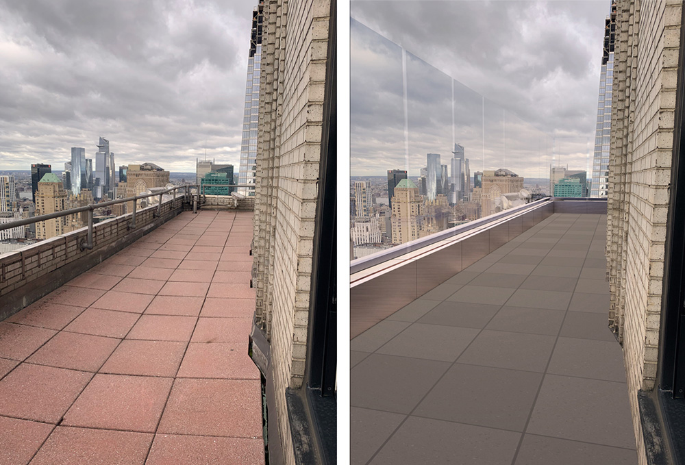 North-South view of existing terrace (left) and proposed glass screen (right) - RFR Holding; Gensler
