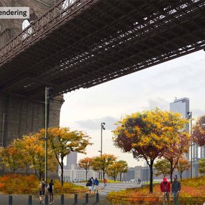 Rendering of proposed public spaces under the Brooklyn Bridge - Brooklyn Bridge Park Corporation