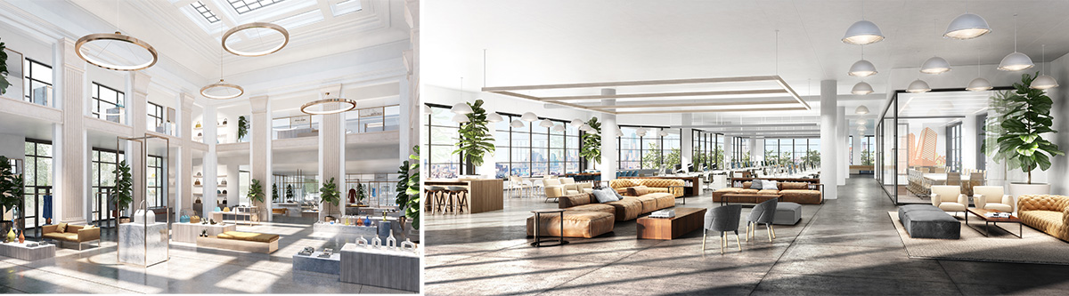 Rendering of retail (left) and office space (right) at The Dime - Fogarty Finger Architecture