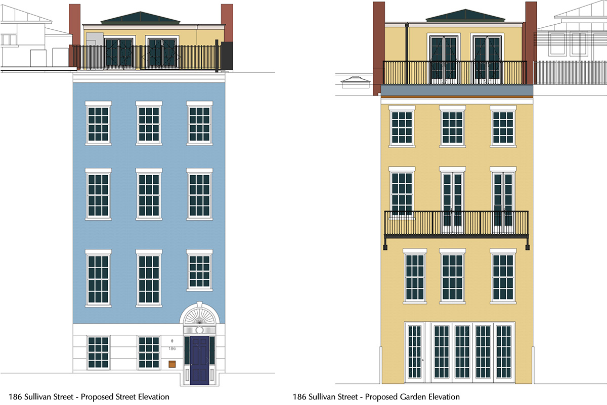 Rendering of proposed expansion at 186 Sullivan Street - Front elevation (left) and rear elevation (right)