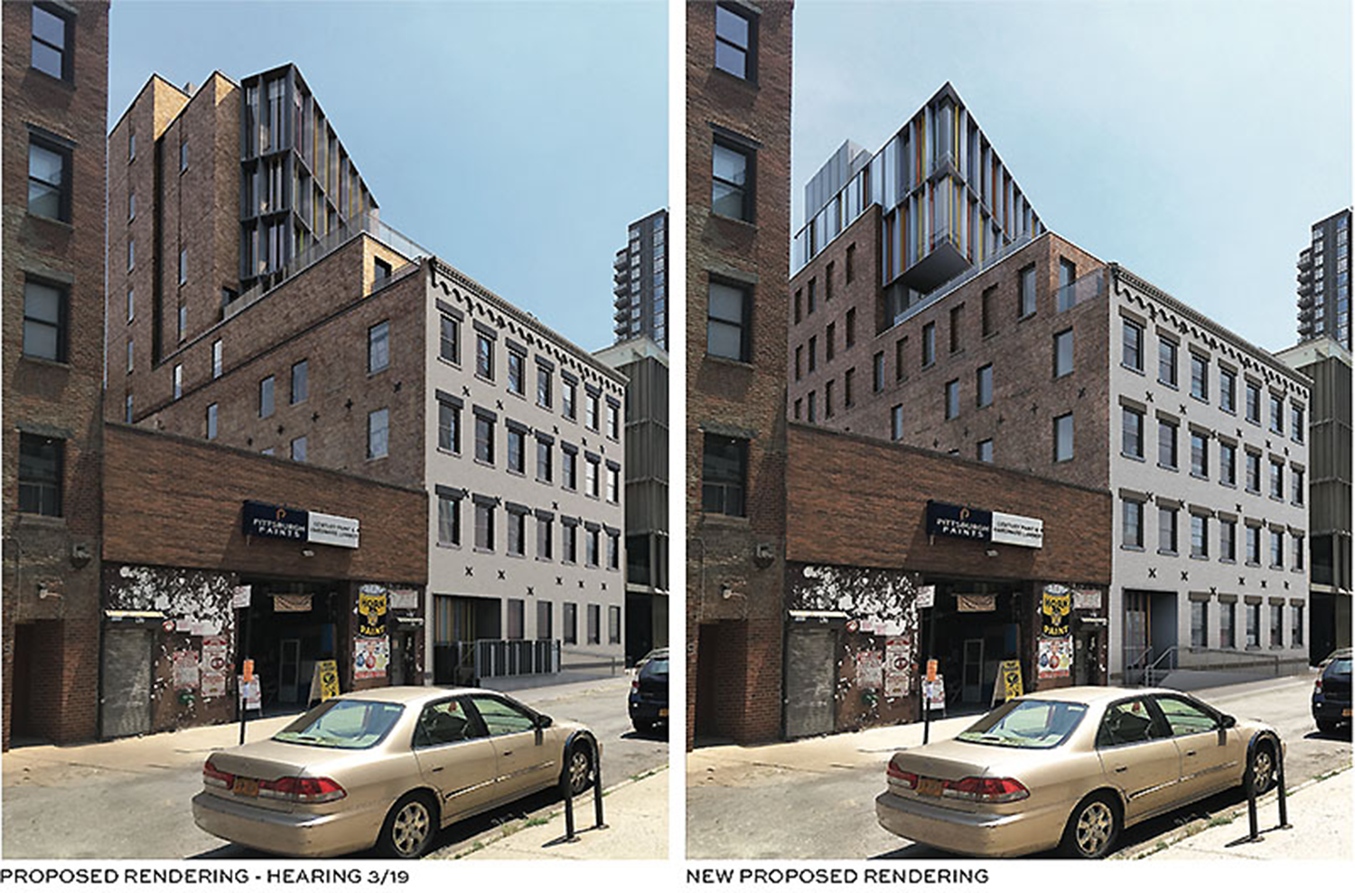 Originally proposed (left) and previously approved renderings (right) of 53 Pearl Street from BKSK Architects. The ADA ramp illustrated will no longer be constructed.