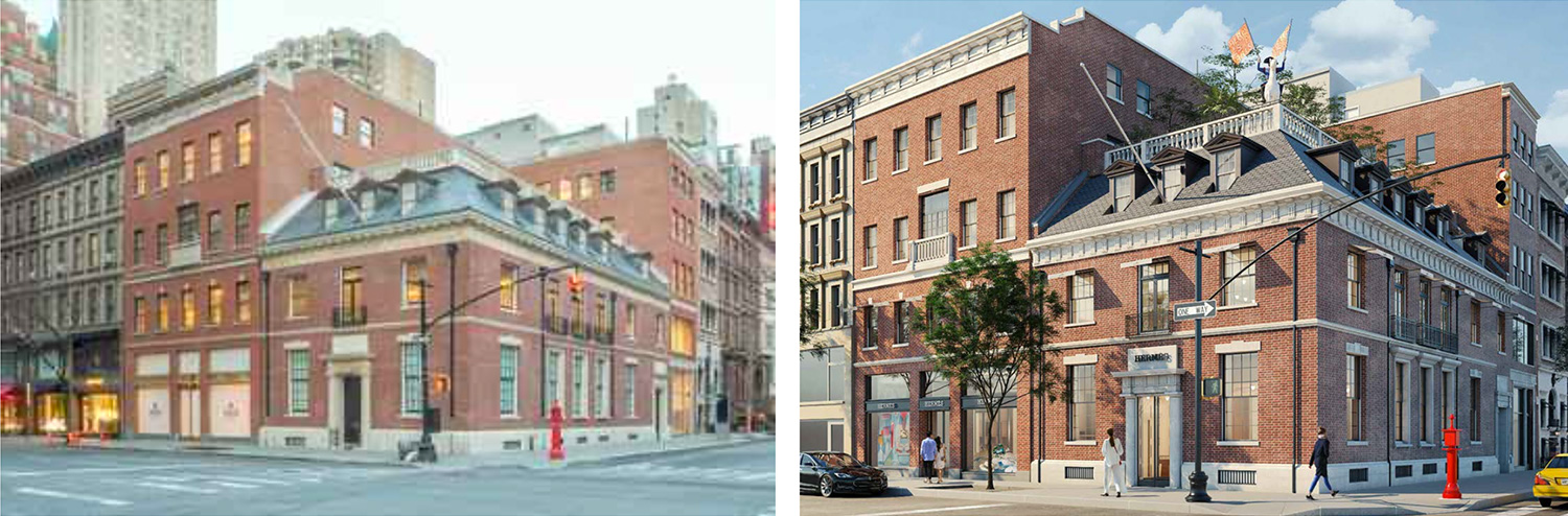 Existing conditions (left) and rendering (right) of 706 Madison Avenue / Hermès - Spacesmith