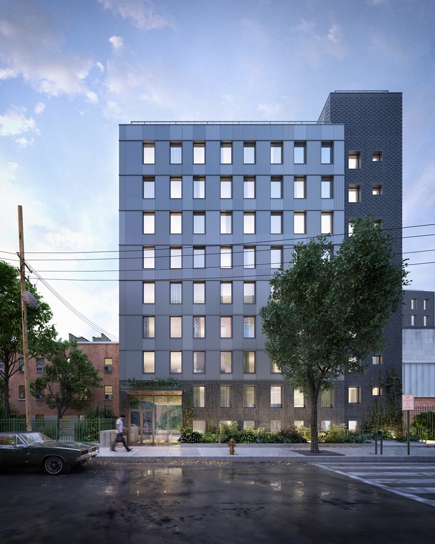 Rendering depicts south-facing view of 'Betances' at 445 East 142nd Street - COOKFOX