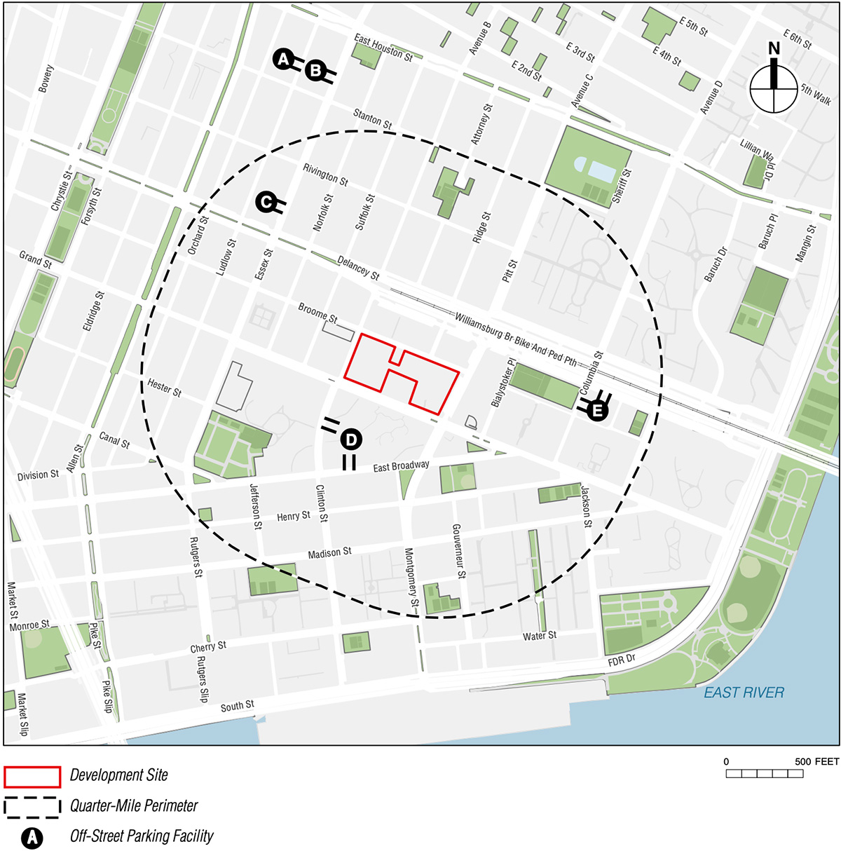 Map illustrates proposed construction site of Buildings 3-5 and 3-6 and the existing development at Seward Park Extension - Handel Architects
