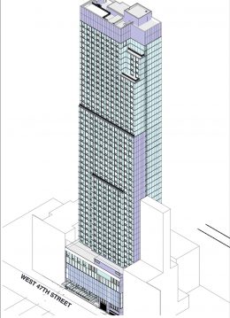Rendering of the Cort Theatre and hotel expansion tower at 138 West 48th Street - Berg + Moss Architects