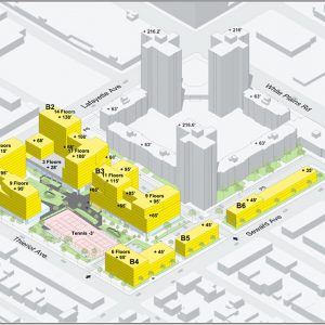 Illuastrative rendering depicts sum total building use-types within Stevenson Commons (if approved) - WXY Architecture + Urban Planning