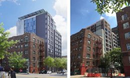 Rendering of The Bedford (left) and current view of construction (right) - Rendering by Nightnurse Images and construction photo by Magnusson Architecture and Planning