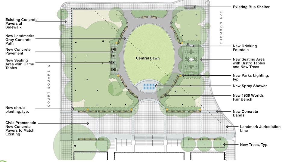 Aerial drawing of proposed organizational changes at Court Square Park - New York City Parks Department