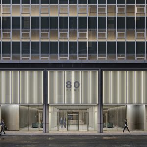 Rendering illustrates exterior view of 80 Pine Street Lobby - Fogarty Finger Architecture