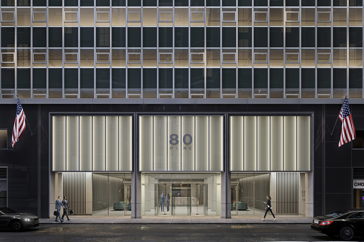 Rendering illustrates exterior view of 80 Pine Street Lobby - Fogarty Finger Architecture