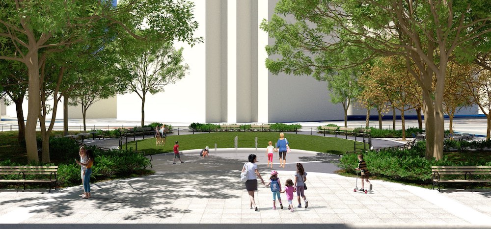Rendering of proposed spray showers within Court Square Park - New York City Parks Department