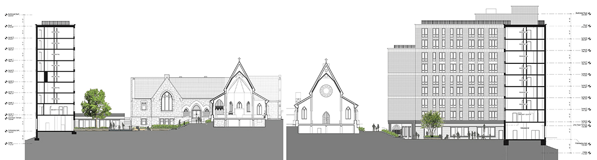 Section diagram illustrates proposed elevation following renovations at St. James Church Fordham - Dattner Architects