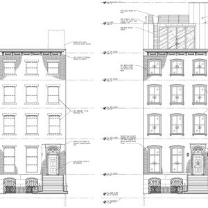 Elevation diagram illustrates existing (left) and forthcoming (right) alterations to the front elevation of 238 East 15th Street - Architects h2n