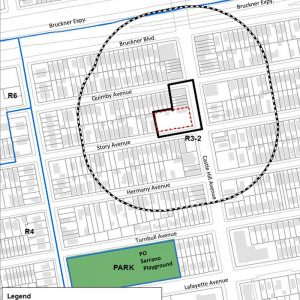 Proposed development site at 900 Castle Hill Avenue (red) and effected area (black) should zoning amendments be approved