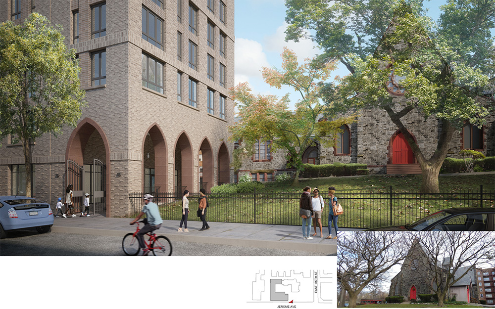 Rendering illustrates the Jerome Avenue pedestrian entry into the Episcopal St. James Church parish grounds - Dattner Architects