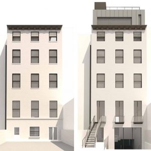 Rendering of existing (left) and forthcoming (right) alterations to the rear elevation of 238 East 15th Street - Architects h2n