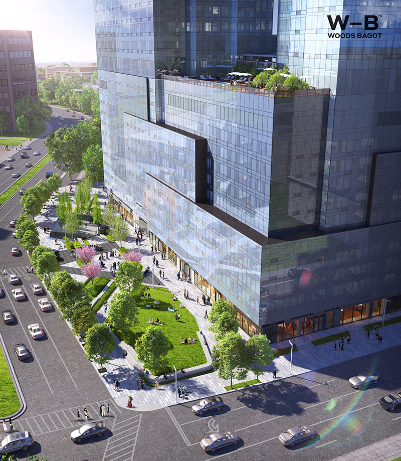 Aerial rendering of the podium and public square at One Journal Square - Woods Bagot