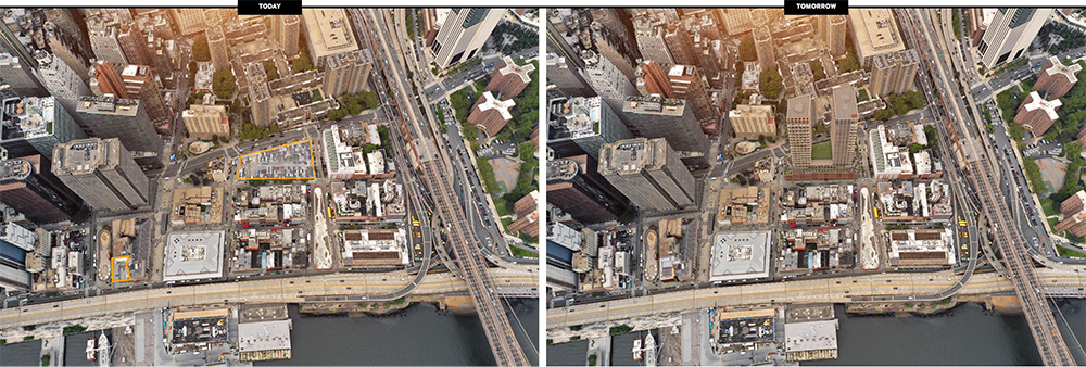 Existing site conditions at 250 Water Street (left) and development rendering (right) - Skidmore, Owings & Merrill (SOM); Howard Hughes Corporation