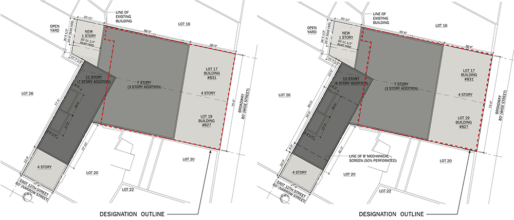 [From left to right] Previously presented site plan and revised design with landmark designated areas of 827-831 Broadway boxed in red – DXA Studio