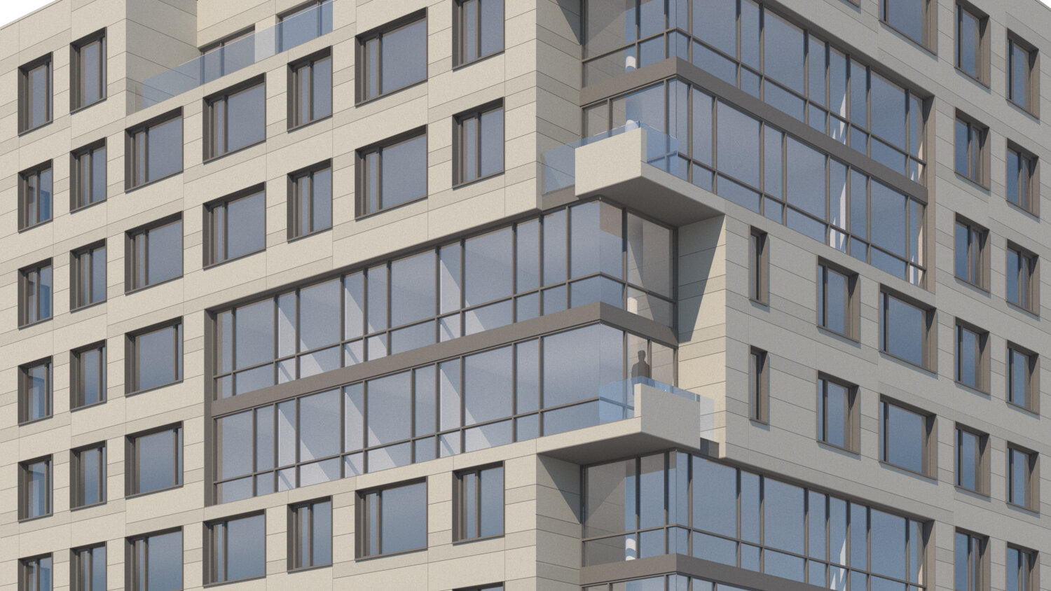 Rendering of facade and residential balconies at 52 Fourth Avenue - Gertler & Wente Architects