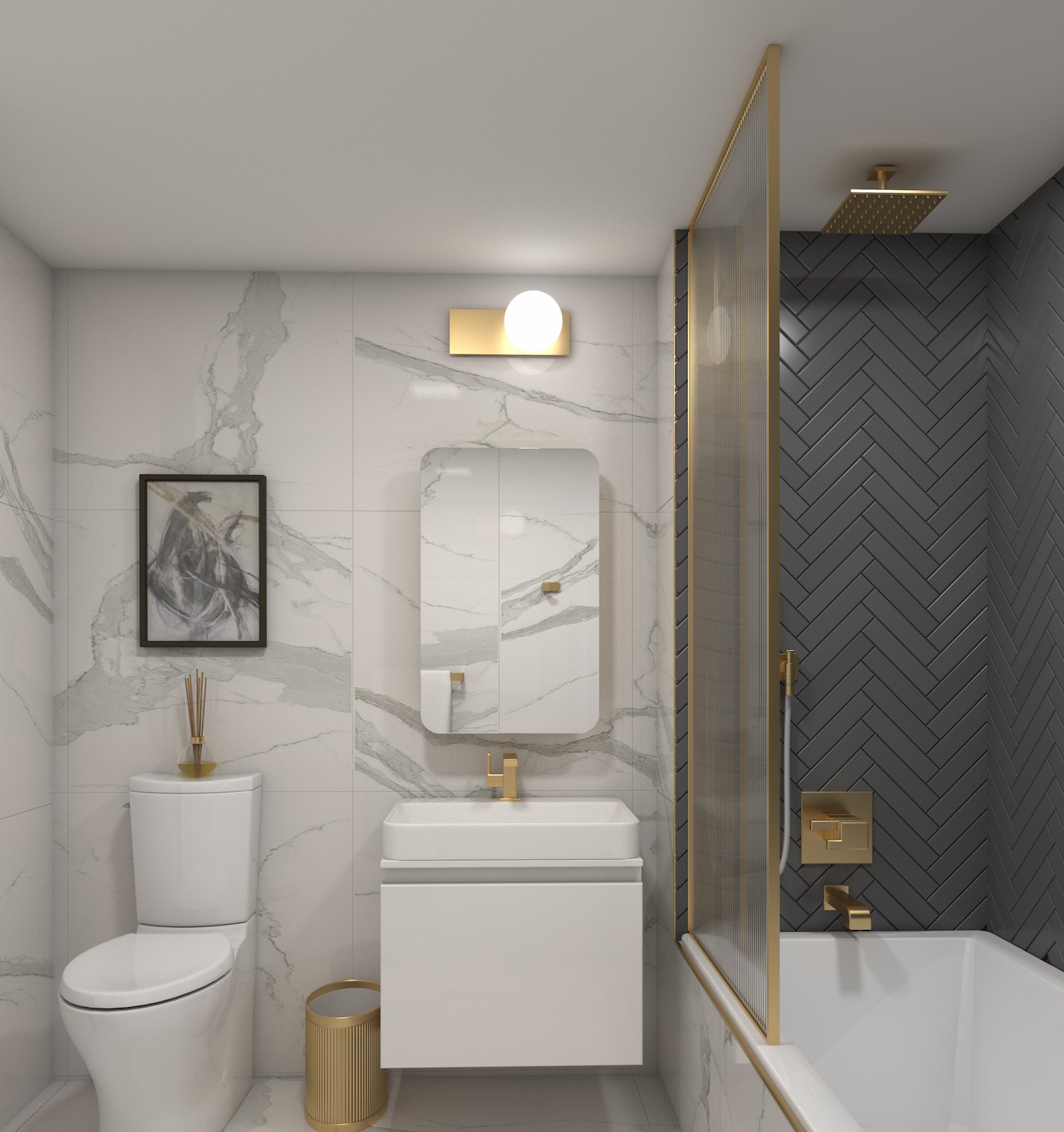 Rendering of model bathroom at The Avant - Bluarch; Delshah Capital