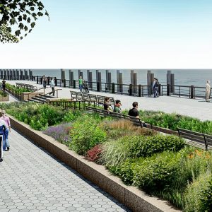 Rendering of public areas created by the Lower Manhattan Coastal Resiliency Project in The Battery - Stantec