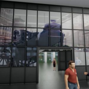 Rendering of LED media glass wall in the historic Tin Building - ANC; Howard Hughes Corporation