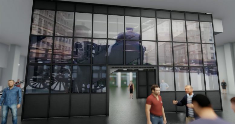 Rendering of LED media glass wall in the historic Tin Building - ANC; Howard Hughes Corporation
