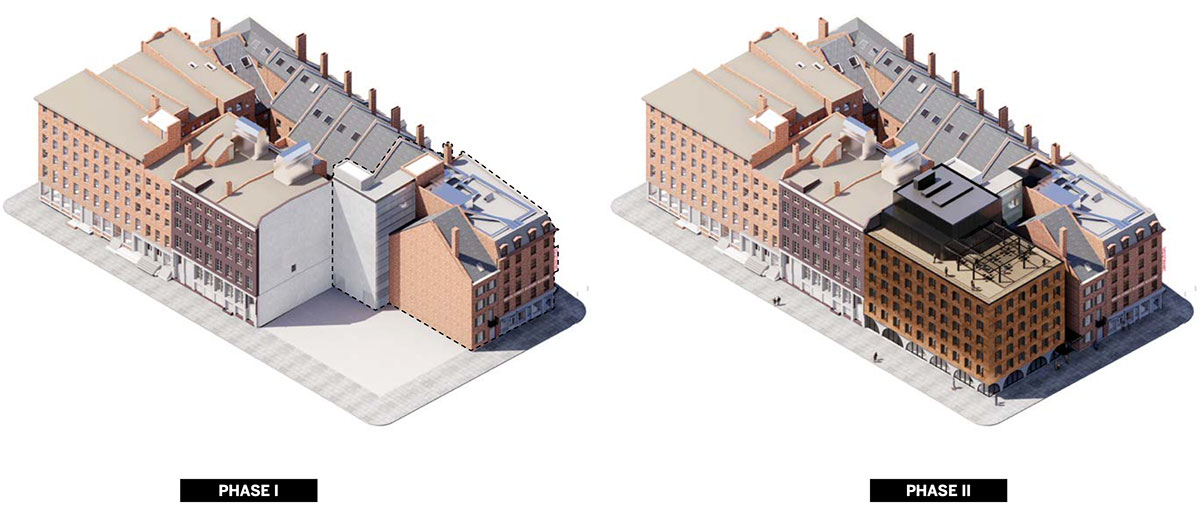 Undeveloped conditions (left) and current (right) renderings of the South Street Seaport Museum- Howard Hughes Corporation; Skidmore, Owings & Merrill (SOM)