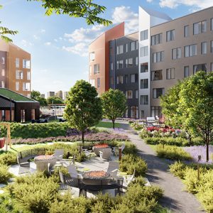 Landscaped courtyard at The Eddy - Image courtesy of Ironstate Development Co. and The Pegasus Group