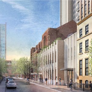 Rendering illustrates St. Felix Street elevation and podium at 130 St. Felix Street - FXCollaborative