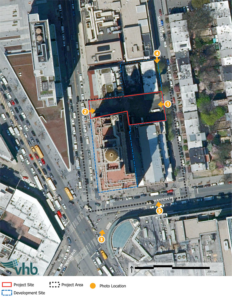 Site map illustrates panhandled through-block site at 130 Saint Felix Street - VHB Engineering