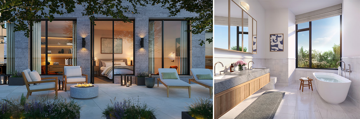 View of master bedroom with private outdoor space (left) and master bathroom (right) - Williams New York; SLCE Architects