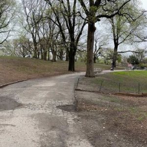 View of existing pathways leading to the hilltop Prisoners' monument in Fort Greene Park - New York Parks Department