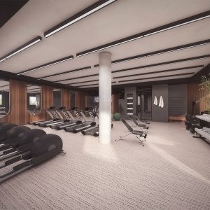 Rendering of fitness center at 260 Gold Street - StudiosC Architecture