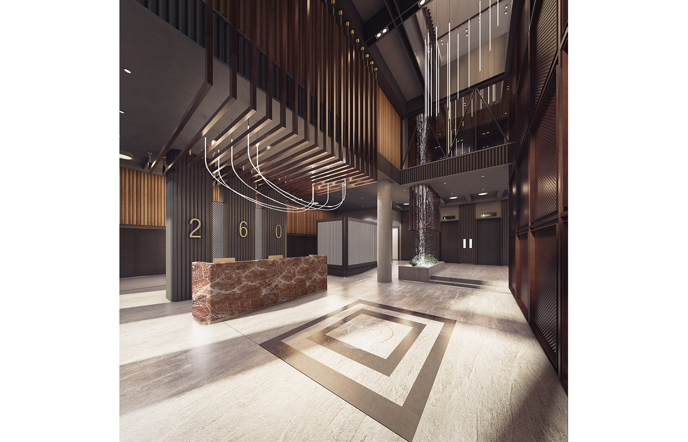 Rendering of the residential lobby at 260 Gold Street - StudiosC Architecture