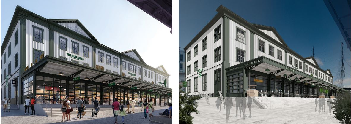 [From left to right] View of previously submitted renderings of 95 Marginal Street (The Tin Building) and current renderings - Roman & Williams Buildings and Interiors
