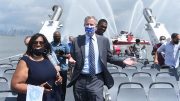 Mayor Bill de Blasio rides the NYC Ferry along the expanded St. George Terminal line