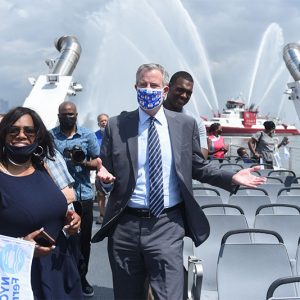 Mayor Bill de Blasio rides the NYC Ferry along the expanded St. George Terminal line