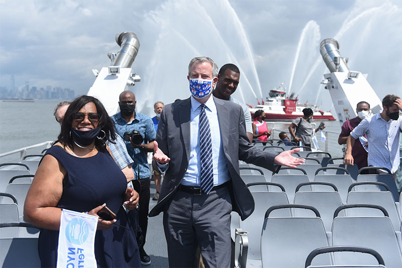 Mayor Bill de Blasio rides the NYC Ferry along the expanded St. George Terminal line