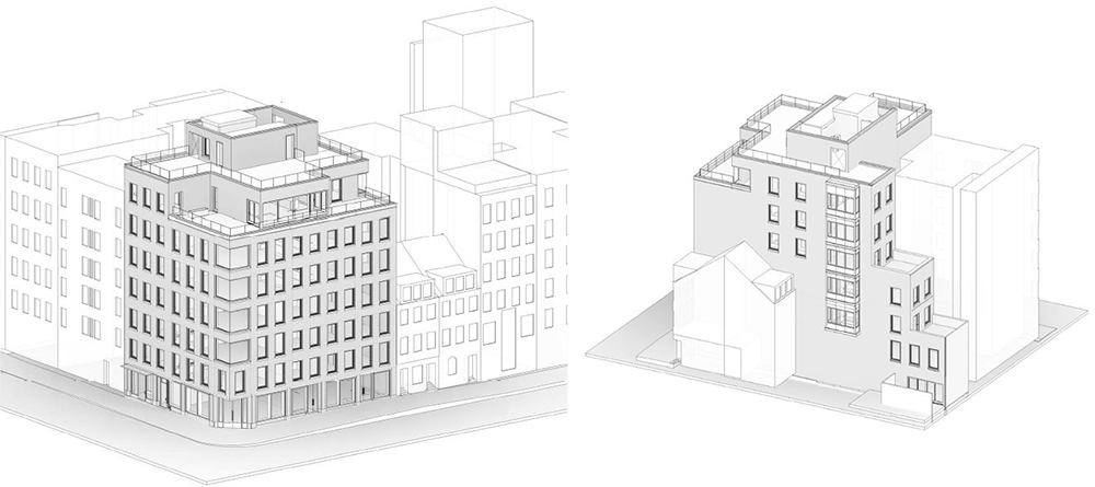 Axonometric rendering of 182-186 Spring Street, looking at the corner of the building (left) and rear elevation (right) - Selldorf Architects