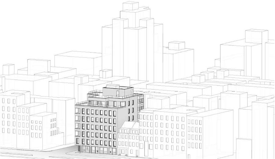 Axonometric rendering of 182-186 Spring Street, looking south - Selldorf Architects
