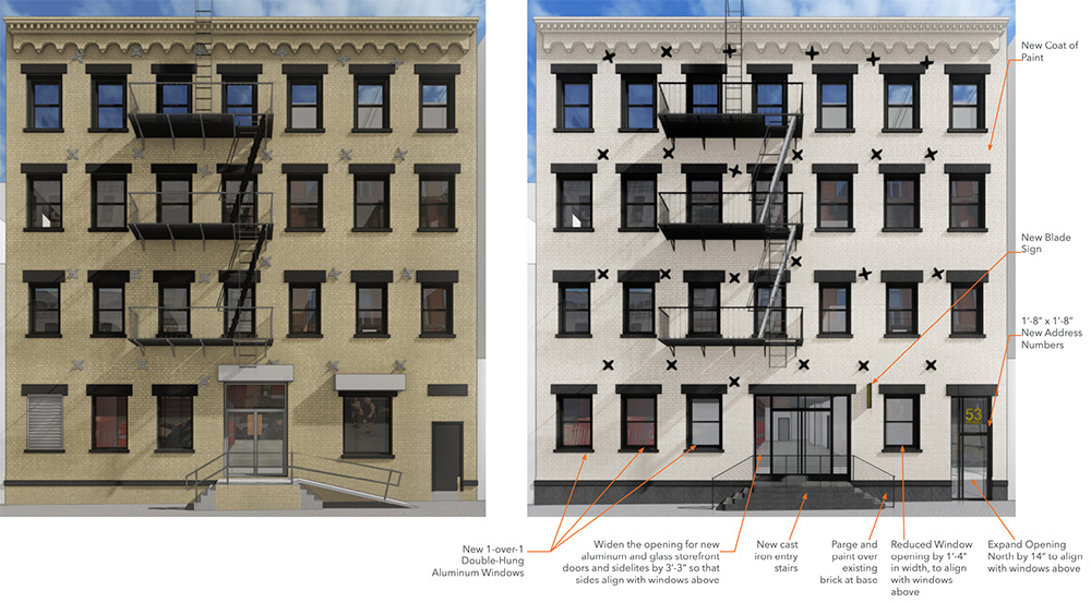 Existing view of 53 Pearl Street (left) and updated facade (right) - Mancini Duffy