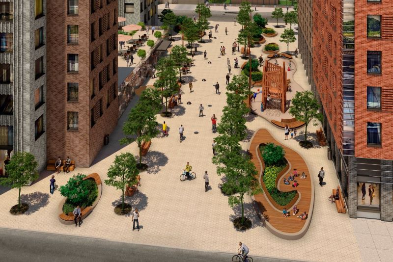 Aerial view of publicly accessible outdoor spaces at Edgemere Commons - Aufgang Architects