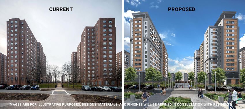 Current (left) and proposed rendering (right) of the new Edenwald Houses in The Bronx